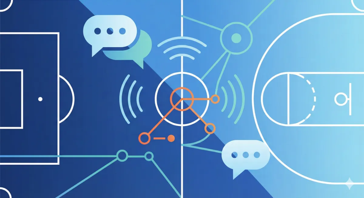 Ilustración abstracta que combina una pista deportiva y elementos de comunicación