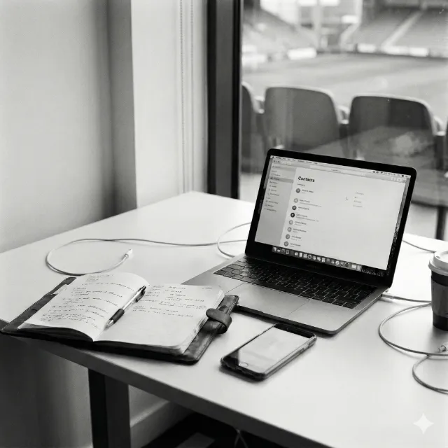 Escritorio de oficina con cuaderno, portátil y teléfono en una foto en blanco y negro